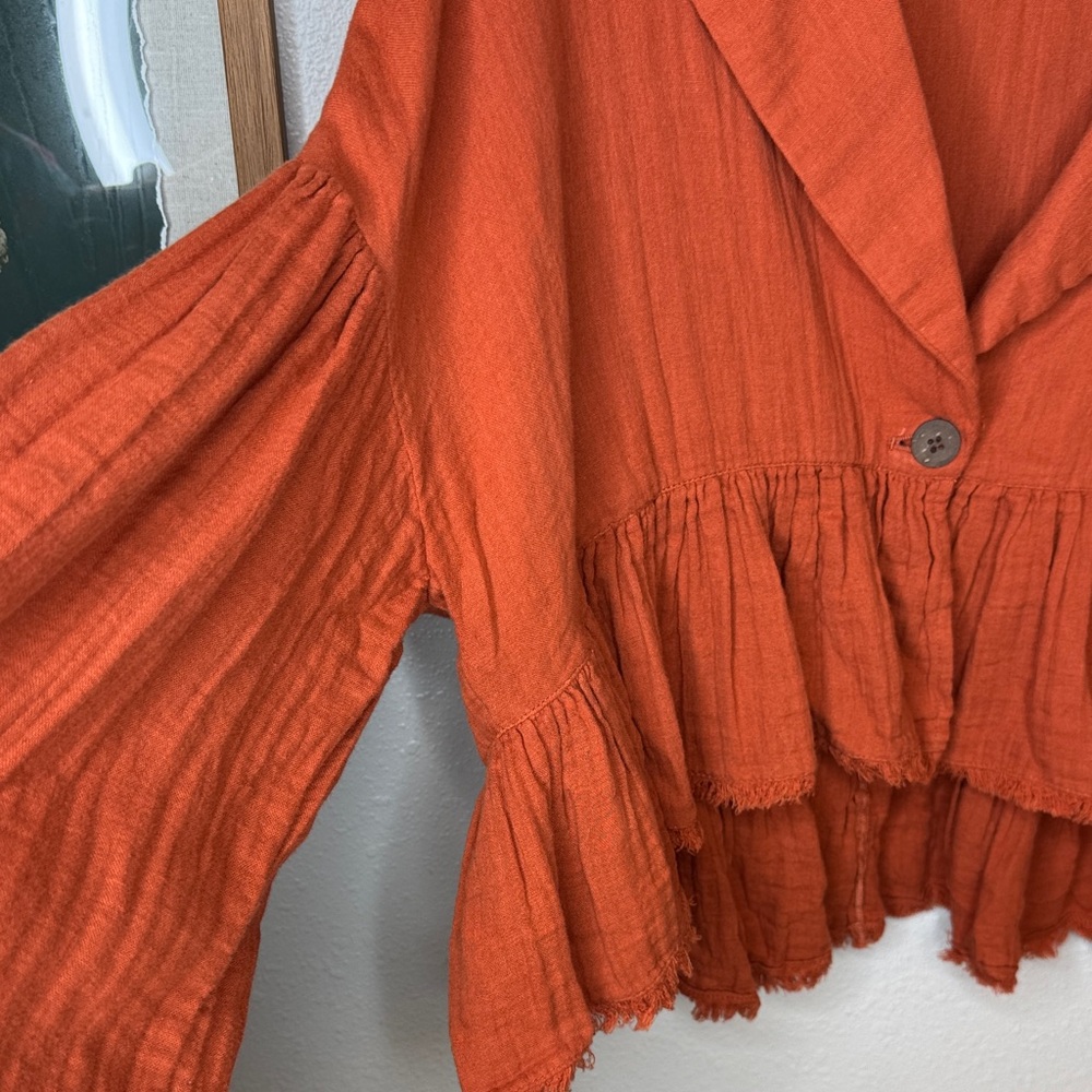 Free People Lyra Cotton Terracotta Ruffled Blouse Jacket -‎ Small - Picture 11 of 14